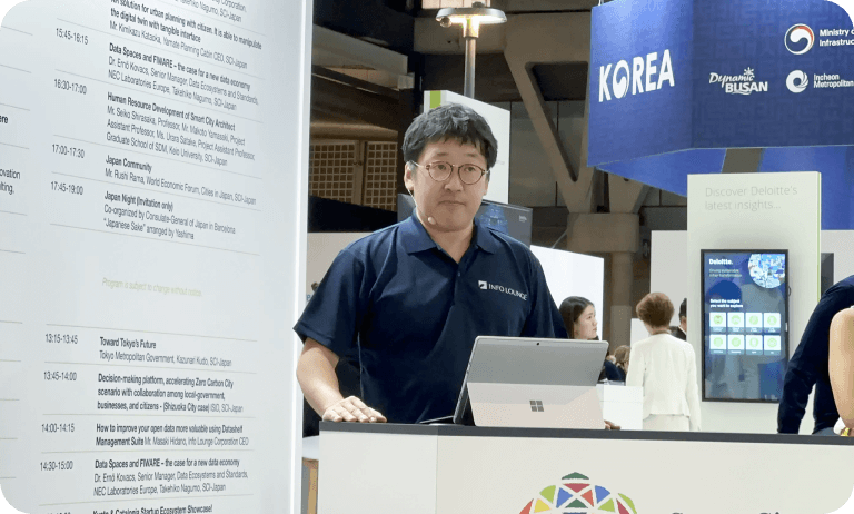 写真：Smart City Expo inバルセロナにてインフォ・ラウンジ社長の肥田野が発表している様子